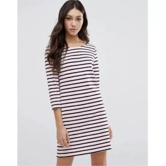 Ganni Old Spice Jersey Stripe Dress 3/4 Sleeve Off White Navy Size Medium NWOT